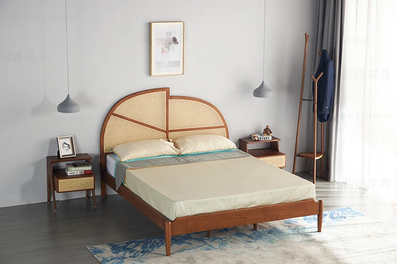 Modern Nordic Bedroom Furniture Solid Wood Bed Wooden Frame Bed Woven Rattan Cane Double 1.5m 1.8m  Bed