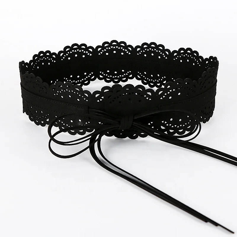 Fashion hollow lace tassel tied with a wide waistband Korean velvet ladies belt