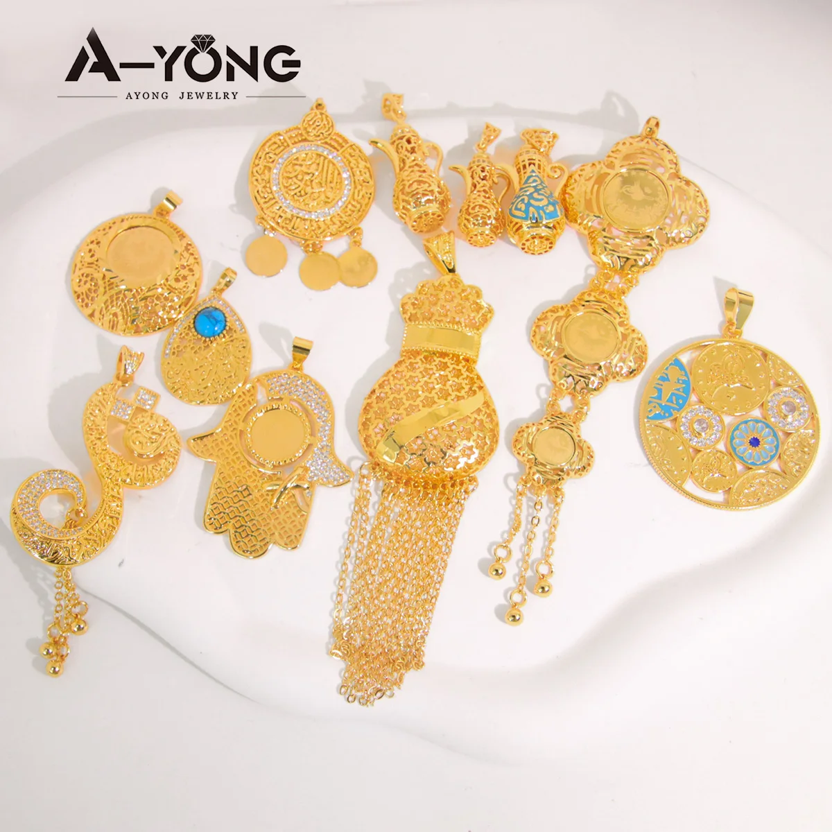 Винтажный исламский 21k позолоченный медный водонепроницаемый турецкий кулон с кулоном из бирюзового арабского кулона