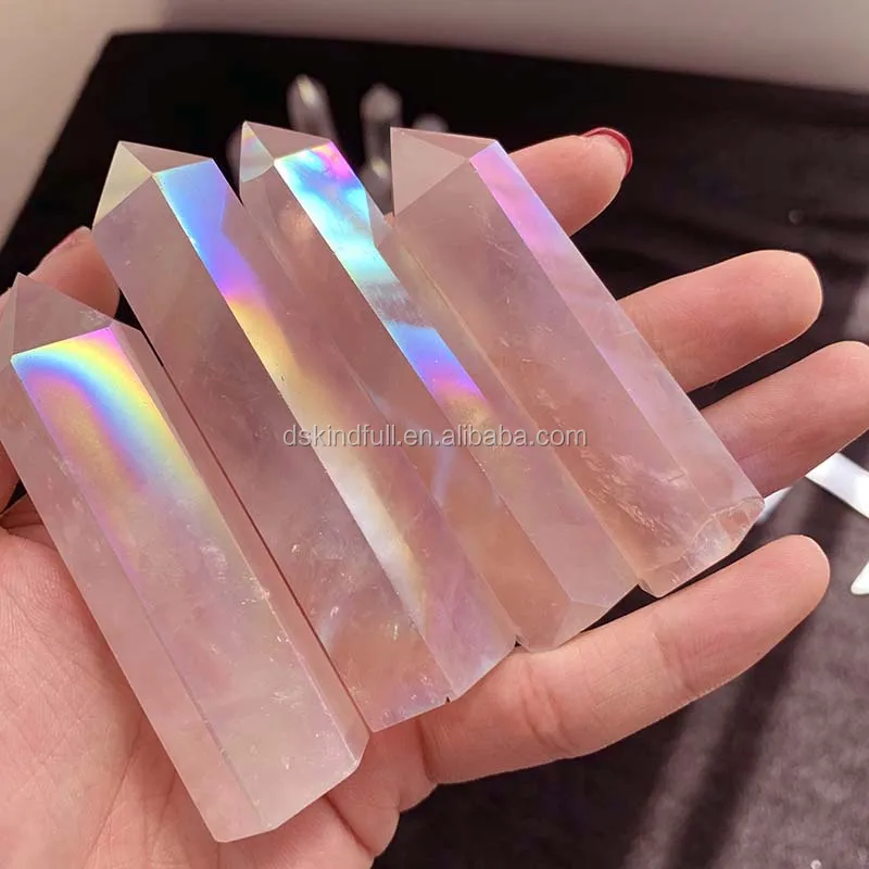 Natural Angel Aura Raw Stone Pink Quartz Crystal wand rose quartz Wand Point for sale