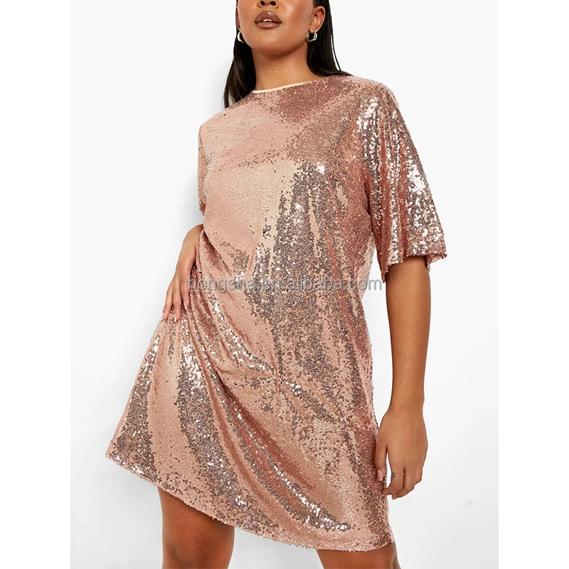 Summer Oversized Sequin Tshirt Dress Short Sleeve Mini Shift Gold Sequin Dresses Plus Size Sequin Dresses Women