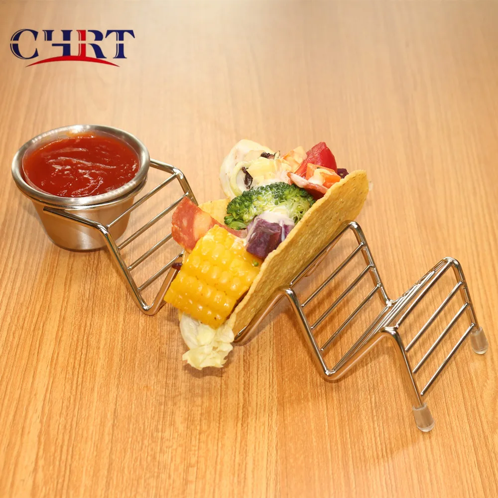 CHRT Stylish Stainless Steel Taco Holder Stand with Seasoning Cup Taco Truck Tray Rack Holds 3 Tacos for Baking Party