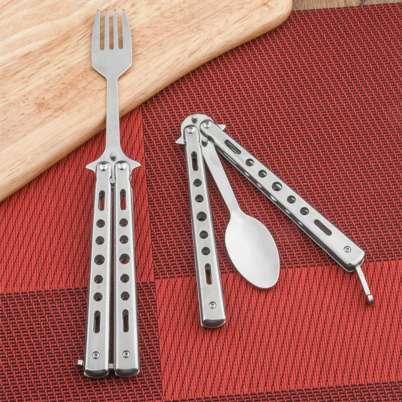 Camping Balisong Spoon Fork Metal Trainer Game Butterfly Knife Folding Tableware
