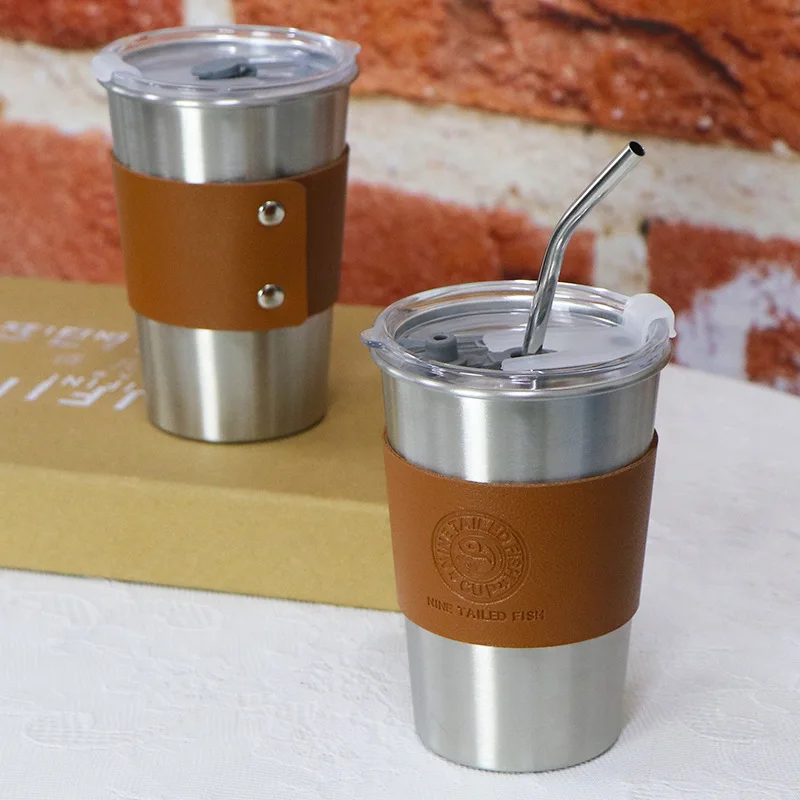 Wholesale printed logo single layer leather cover industrial style outdoor camping stainless steel coffee cup