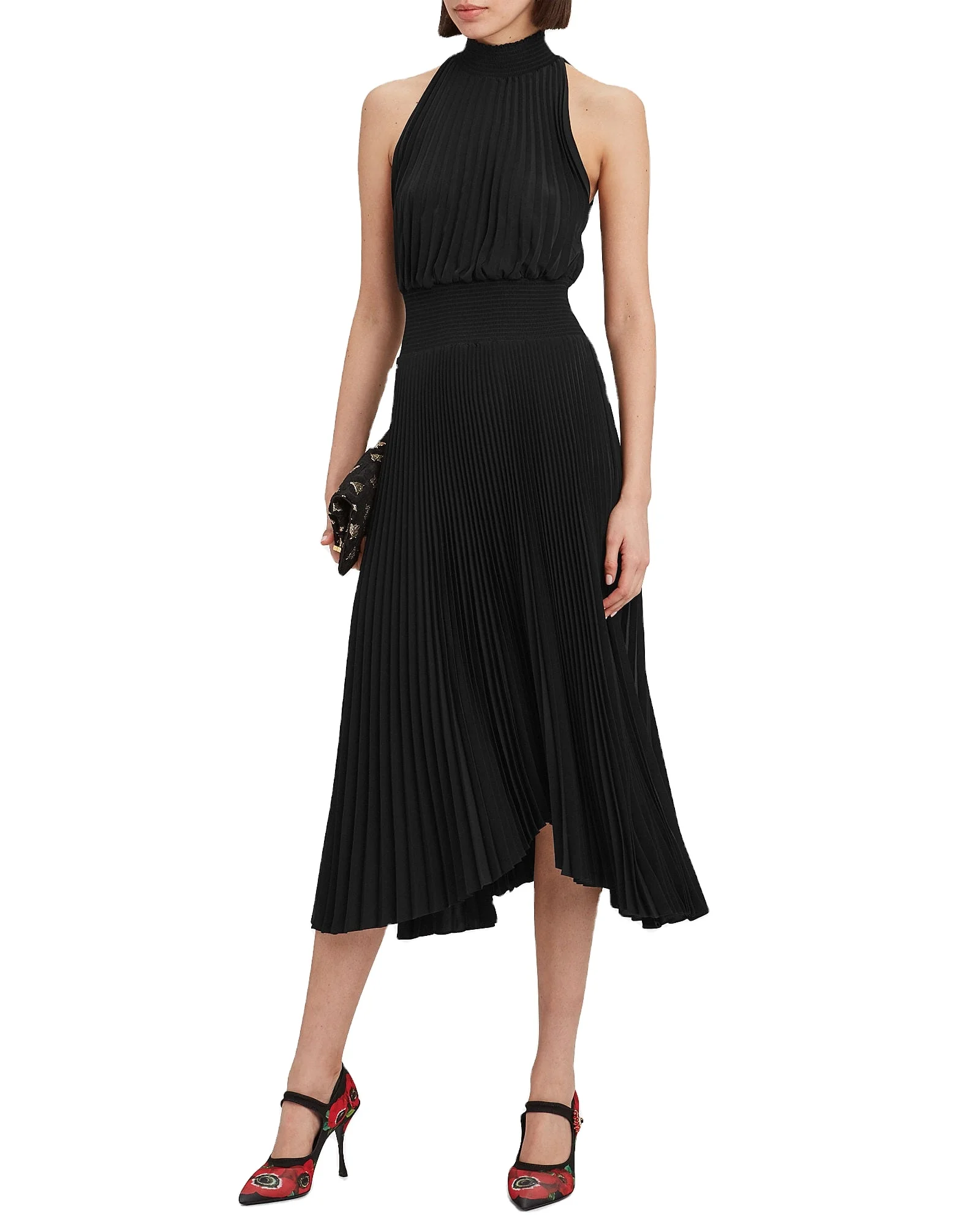 KY Club Asymmetric Hem Midi Dress Black Lively Pleated with Smocked Elastic Neck Waist Keyhole Button Back Sustainable Dresses