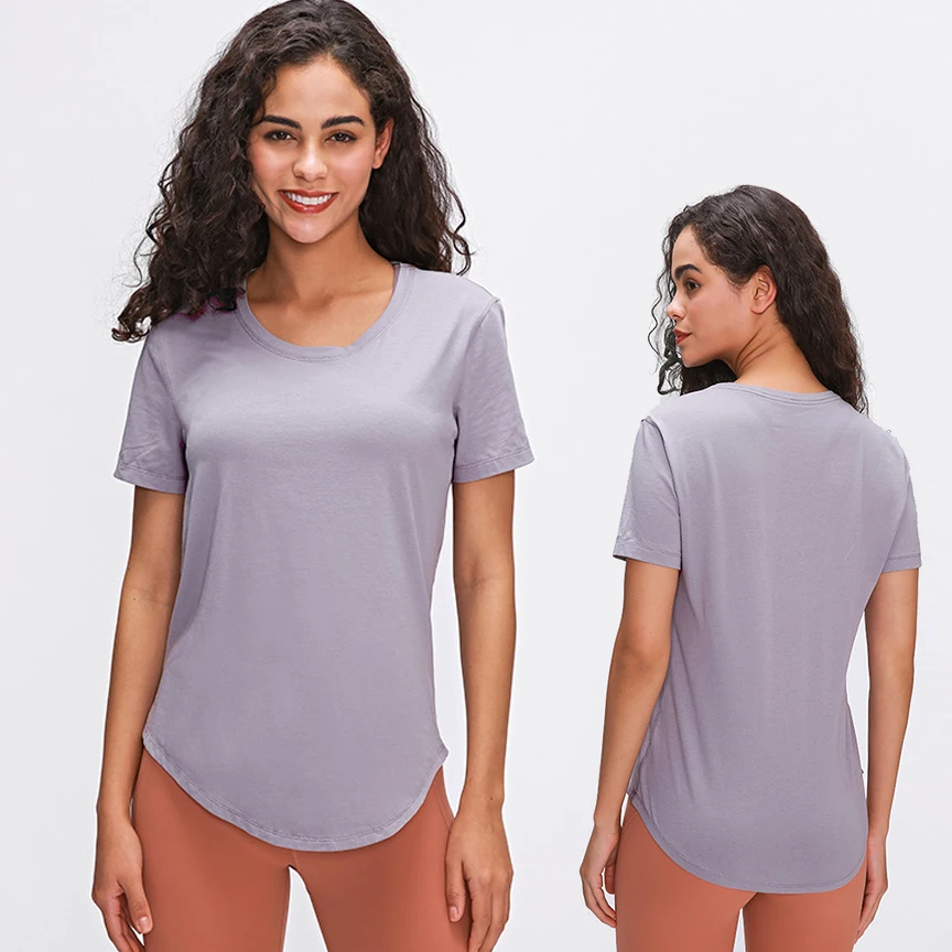 LULU cotton new solid color yoga short sleeve light weight sweat wicking running sports fitness yoga crop top yoga T shirt women