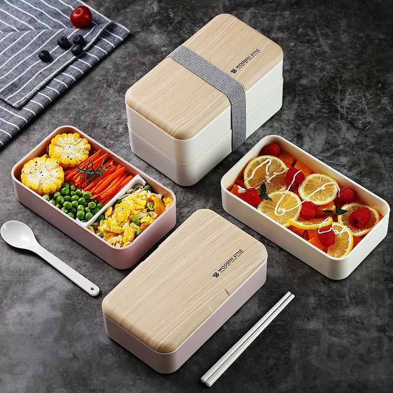 ins Nordic Double-layer Wood Grain Lid Lunch Box Adult Student Pink  White Portable Plastic Tiffin Box Lunch