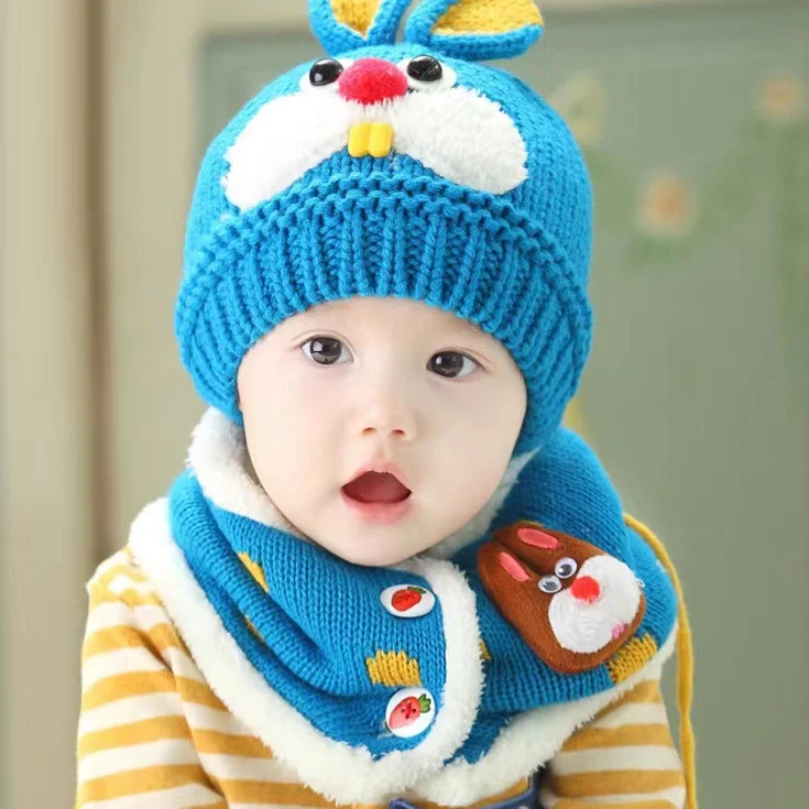Hot Selling Winter Knit Bay Hat And Scarf Gloves Set Rabbit Plush Crochet Wool Baby Hat For Kids