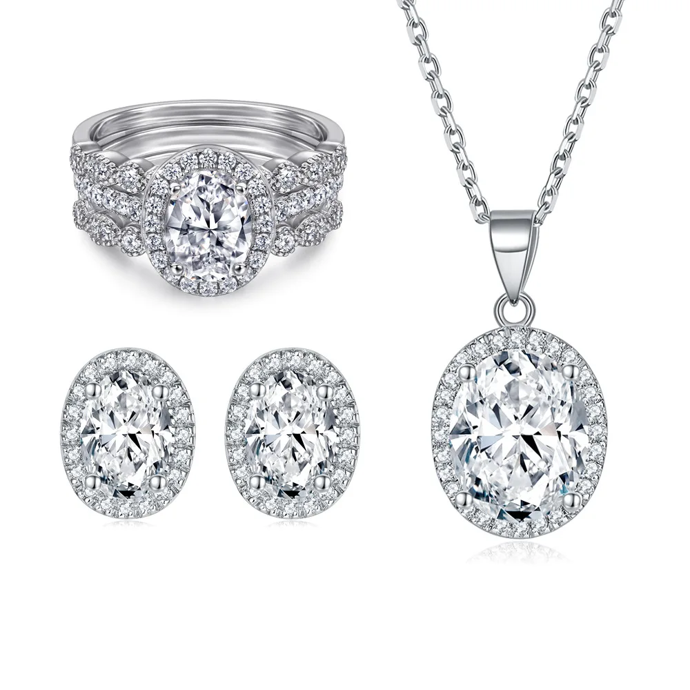SKA Jewelry Oval Cut Zircon Pendant Necklace 925 Silver Rings Earrings Wedding Bridal Ring Set