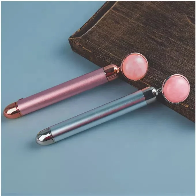 Amazon Hot Sales Face Massage Roller Natural Pink Jade Roller Vibrating Facial Rose Quartz Electric Beauty Bar