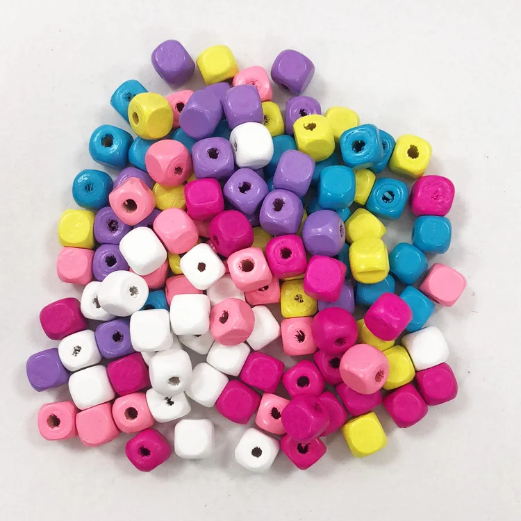 High quality hot sale Colorful Painted Woodcraft Wooden Bead Teethers DIY square Rounded Cube Dice Beads