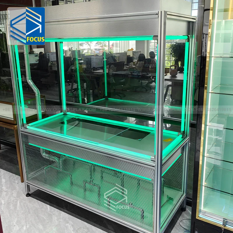 Color Changing Light Strip Custom Aluminum Frame Metal Clothing Shop Exhibition Booth Display Glass Showcase Display Cabinets