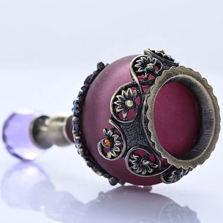 25ml Arab Antique Metal Alloy Purple Perfume Bottle Empty Glass Essential Oil Attar Bottle