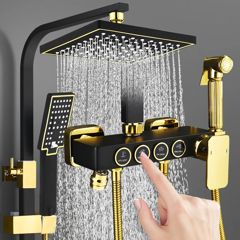 Leton Square Bathroom Shower System Hot Cold Bathroom Tap Thermostatic Black Gold Shower Set