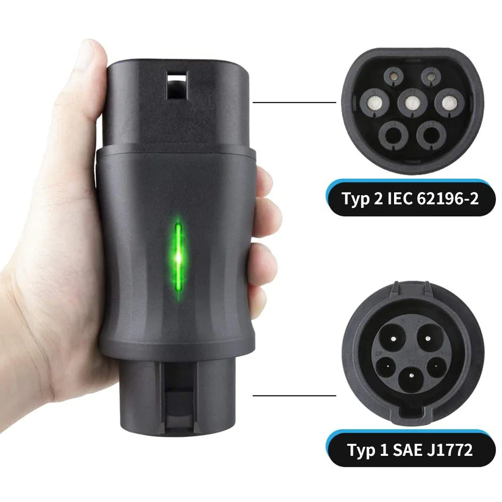 Type 1 To Type 2 Portable Ev Charger Connector 32a Ev Socket Charging Adapter