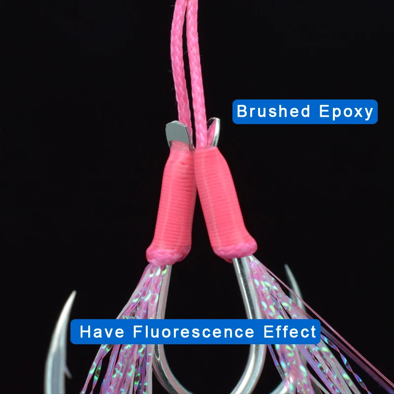 JIGGINGSOUL-AIH02-1PCS bulk Double Assist Hook  High Carbon Steel Double Hook With luminous silk epoxy pink  UV jig hook
