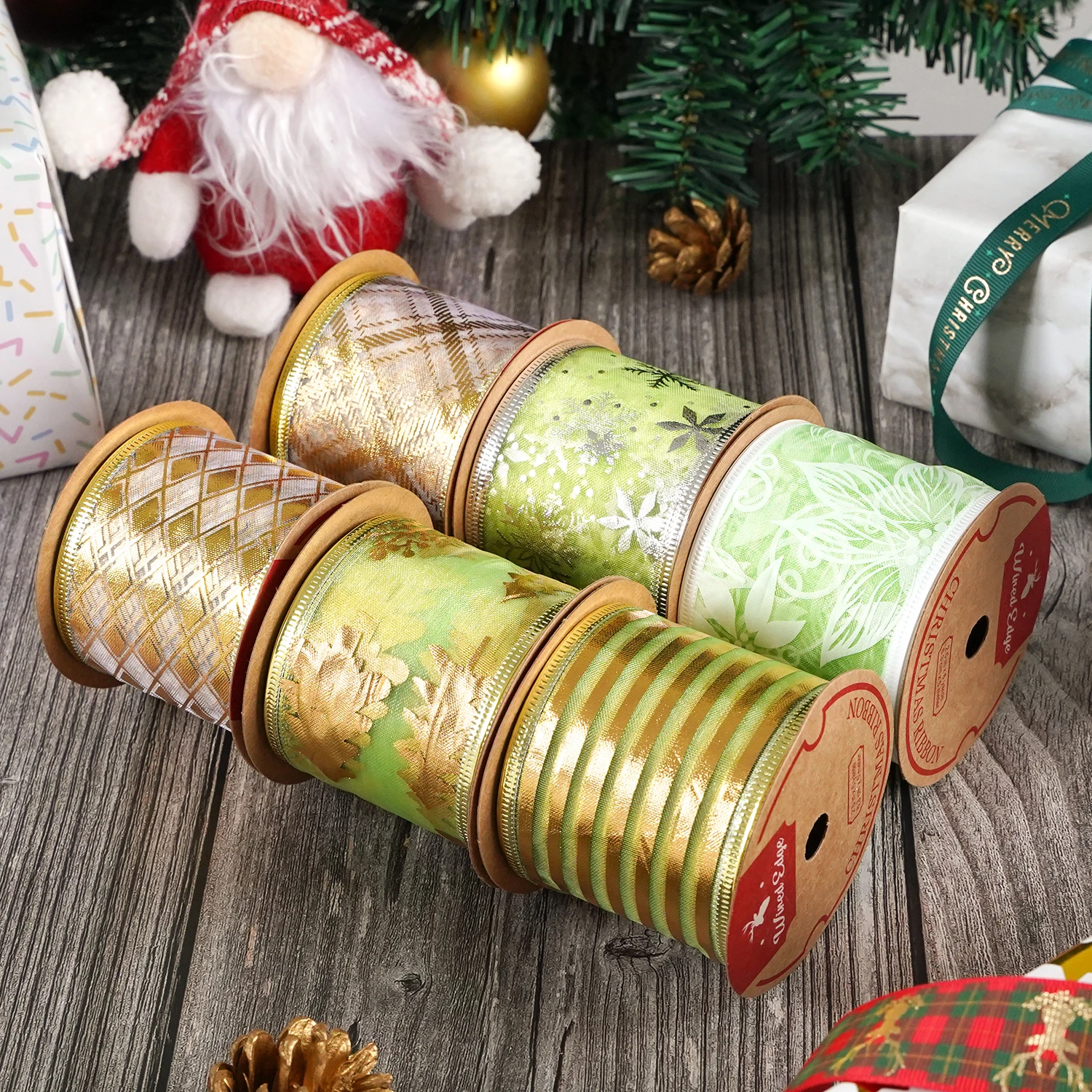 Huihuang Amazon Hot Sale Fast Delivery 6 Rolls/Set  Wire Ribbon Christmas Wired Ribbon for Wreaths Bows Decoration