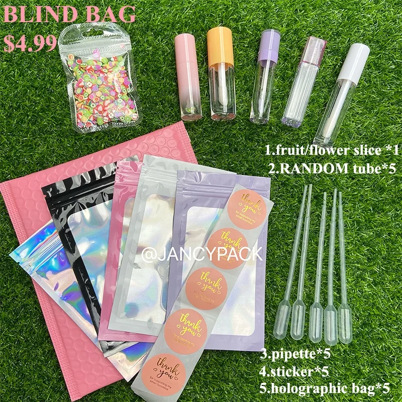 JANCY PACK blind box lip gloss tubes with Fruits Slices/holographic bag/pipette/stickers