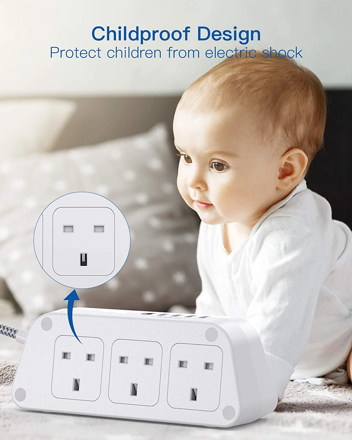 BS Type 6-outlet desktop power strip with 5-USB Type-c Children Protected Outlet 2 side design wide outlet space socket