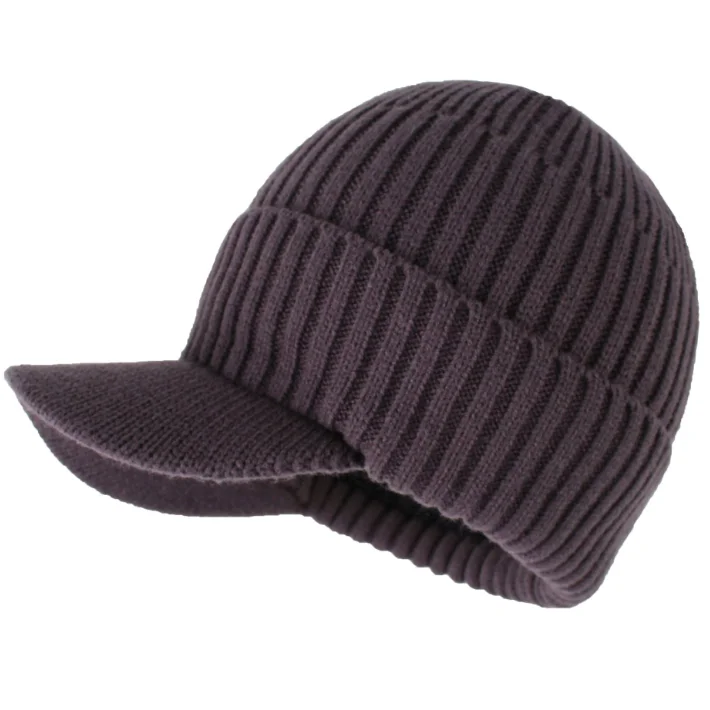 Mens Outdoor Hat Winter Warm Thick Knit Beanie Hat with Visor Beanie with Brim
