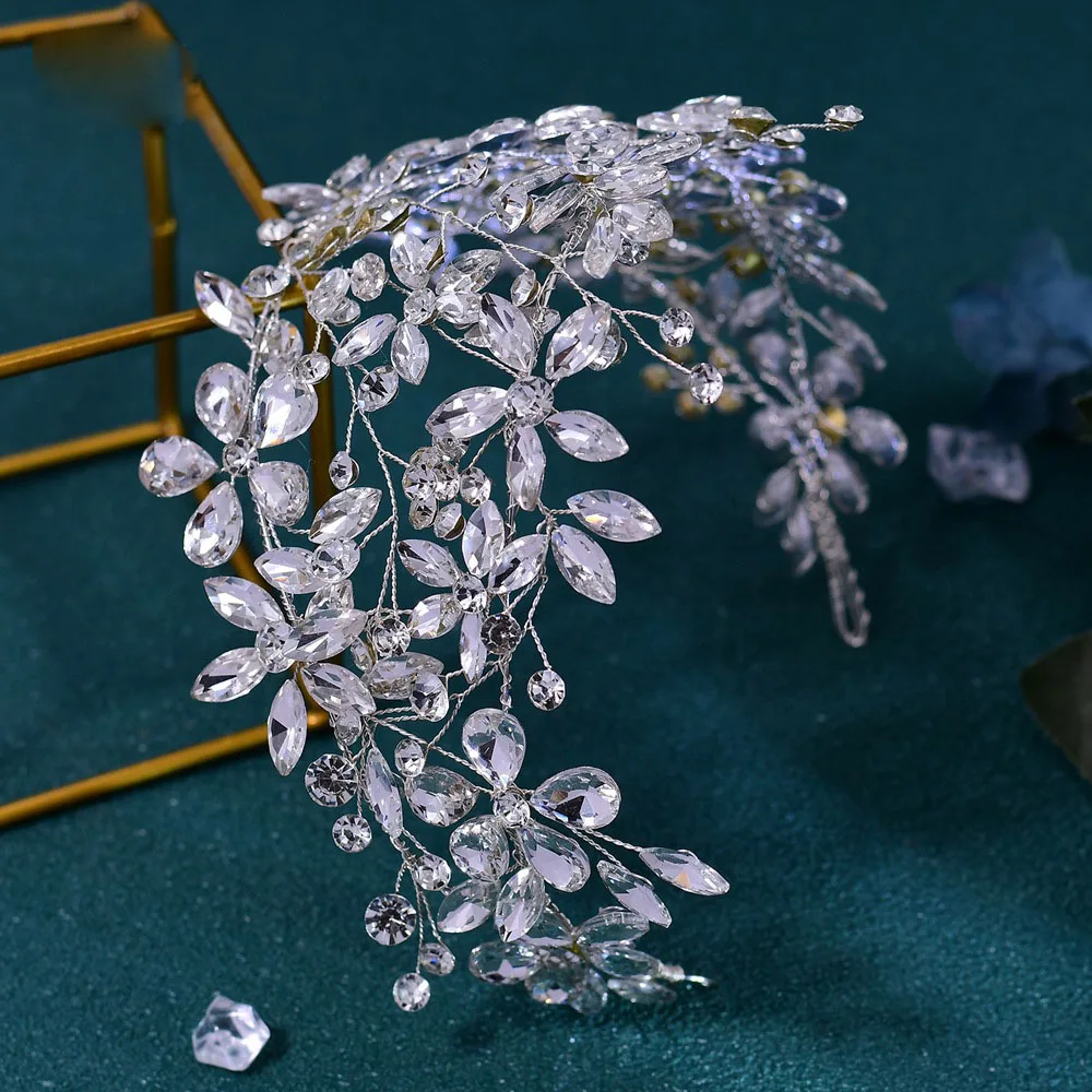 BELLEWORLD wholesale simple handmade wedding accessories decoration bride leaf headband rhinestone headband for bride
