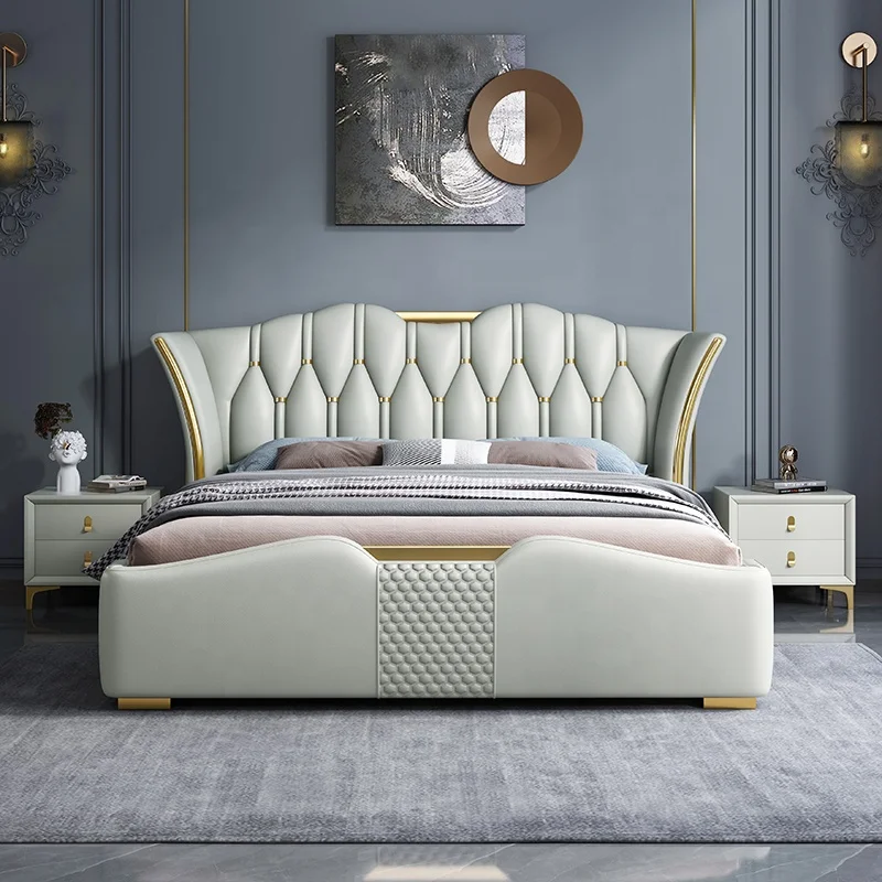 Italian bedroom set furniture, American king size bed modern latest double leather luxury storage queen soft bed