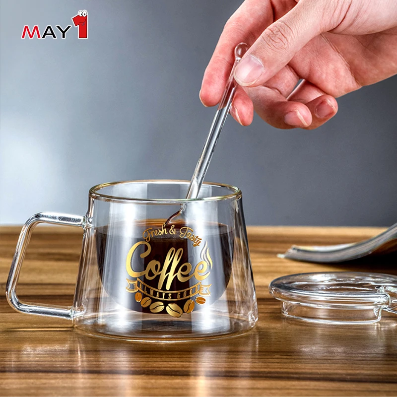 
decal work handmade borosilicate glass double wall espresso coffee cup 