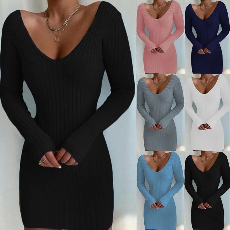 2022 Autumn And Winter New Arrivals Causal Sexy V-neck Mini Dress Slim Long-sleeved Knit Sweater Dresses For Women Ladies
