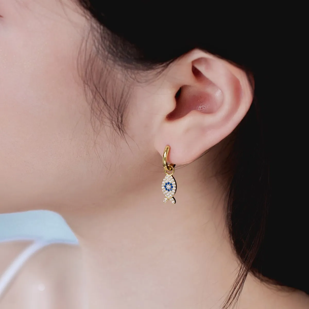 Dylam Turkish Sapphire Cz Cubic Zircon Stone Blue Eyes Fish Shape Dangle Earring 925 Sterling Silver Hoop Earrings For Women