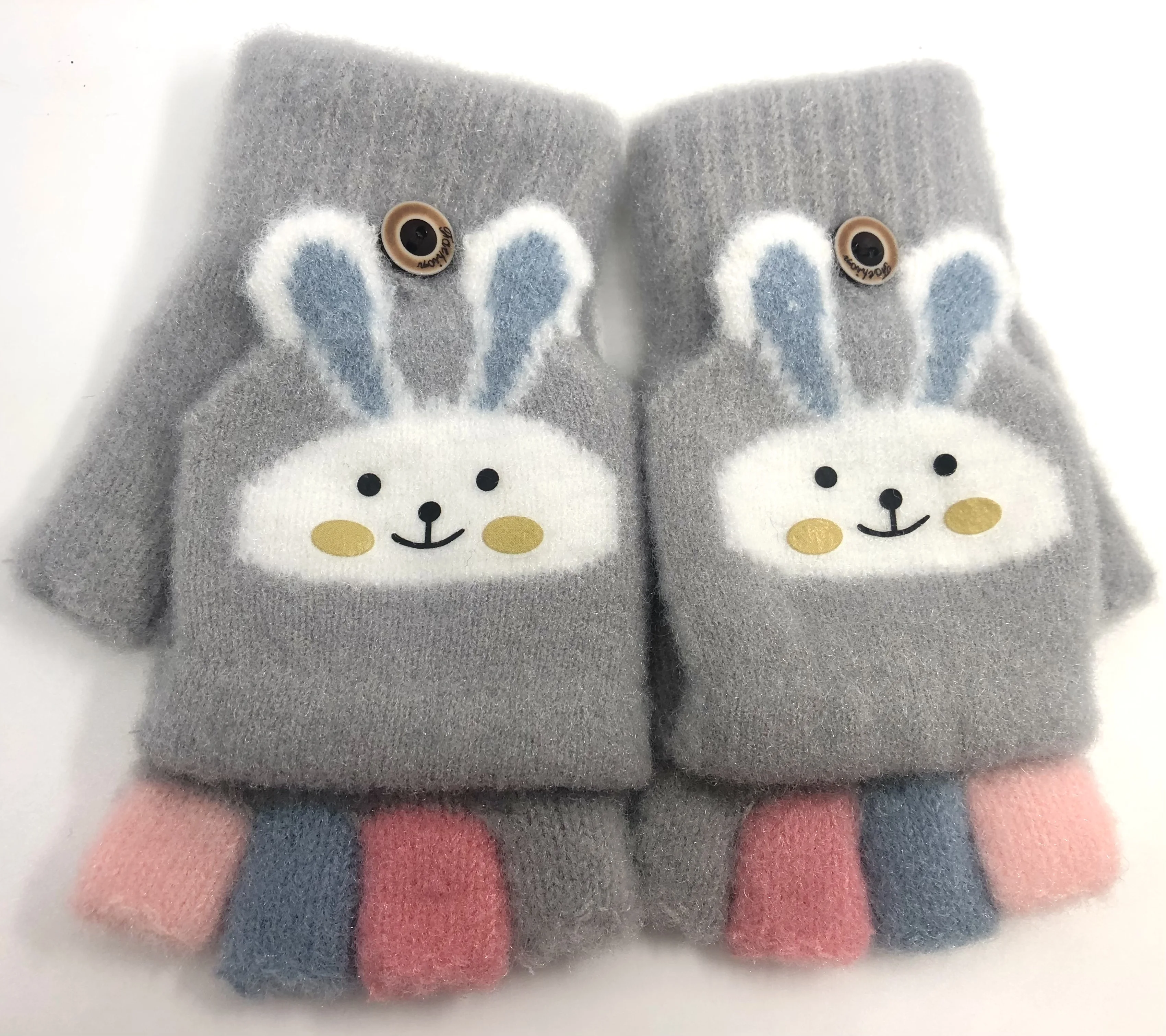 Factory Directly sale Half fingers with cap warm gloves ,cute rabbit jacquard gloves Low price Wholesale kids winter gloves