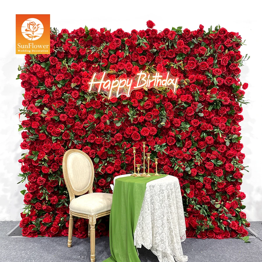 Sunwedding Hot Red Wedding Rose Flower Wall Panel for Party Event Stage Backdrop Decoration