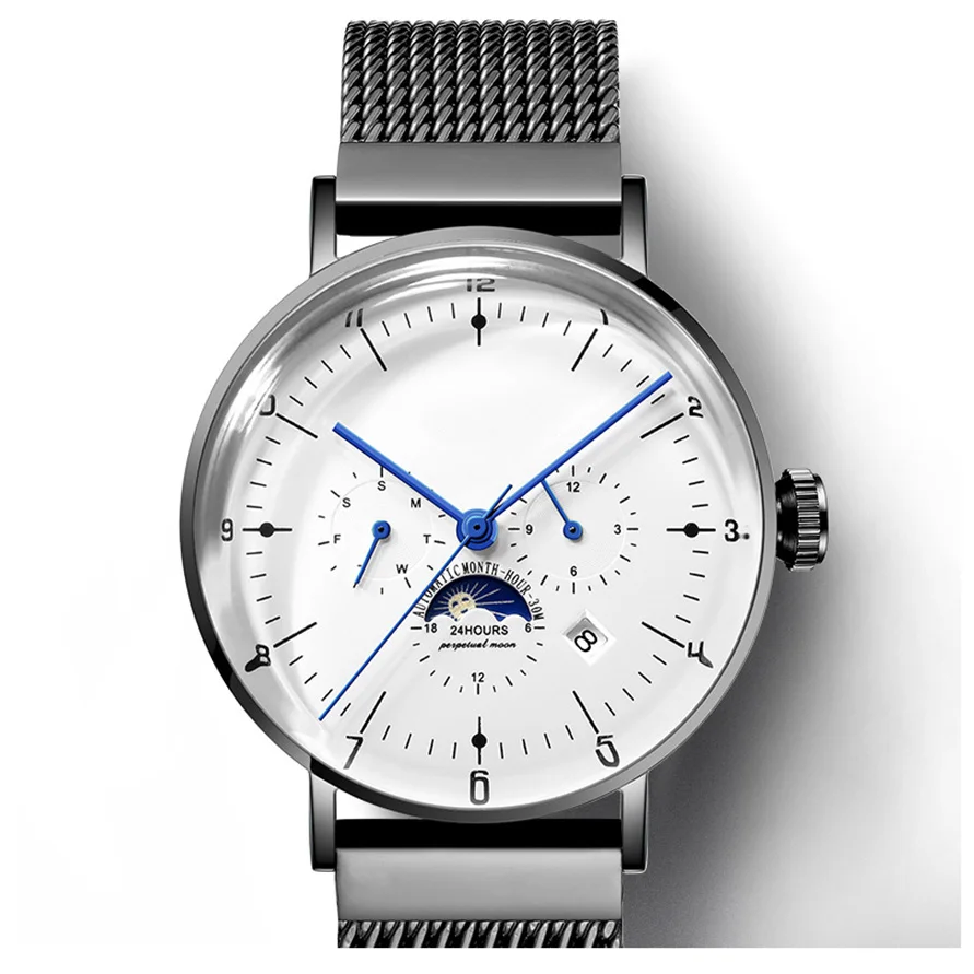 Fashion stainless steel 316l case complete calendar moon phase men mechanical watch
