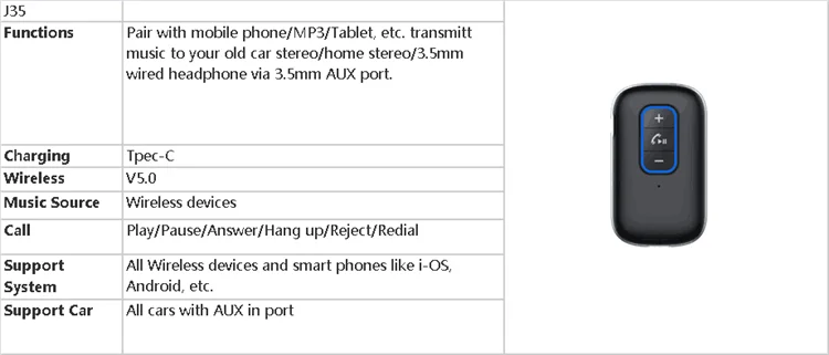 J35 New Wireless audio Receiver 3.5mm Jack Wireless AUX Adapter Kit Connect 2 Devices handsfree call Car Home Stereo