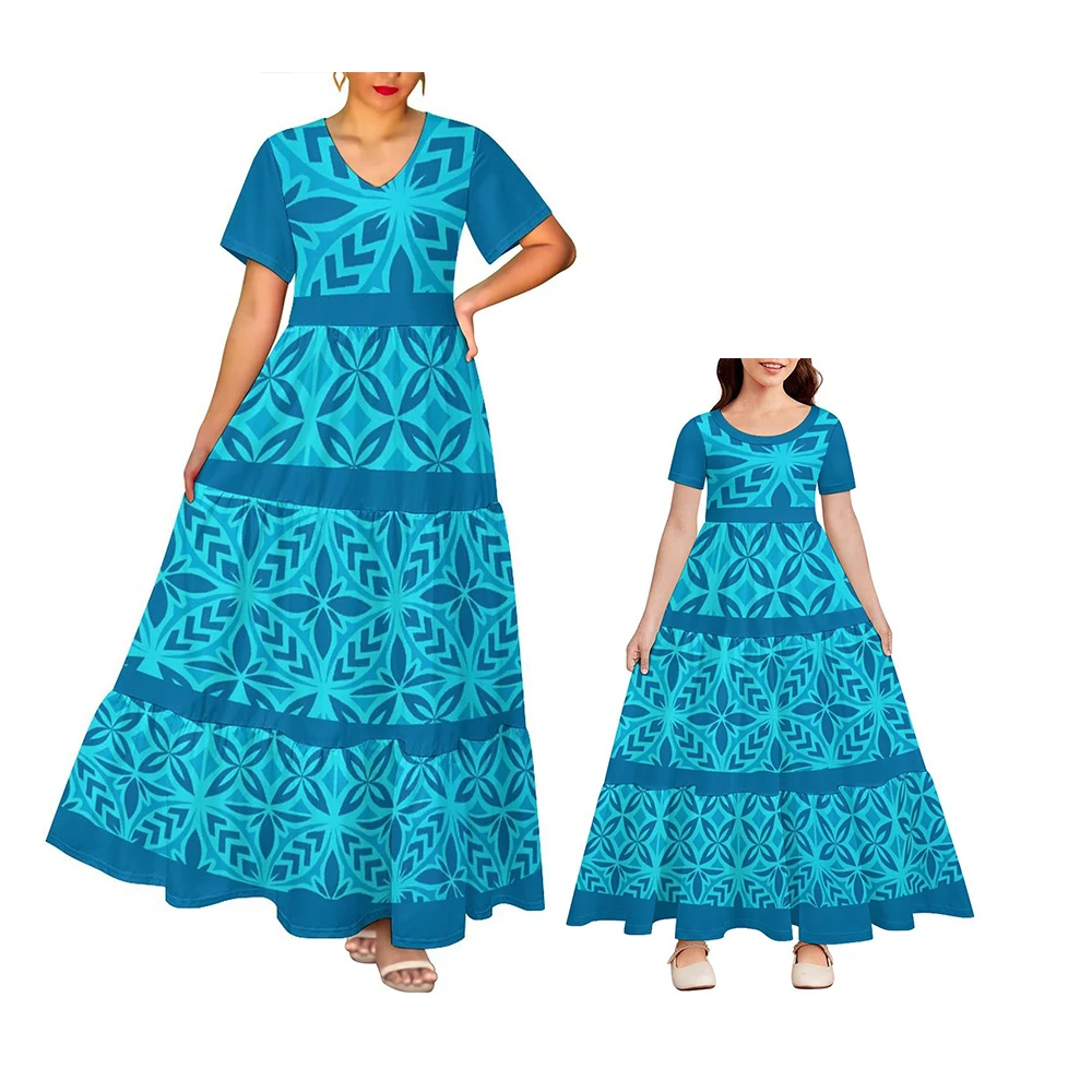 2024 Hot Selling Polynesian Elei Tribal Design Custom Woman Girl V-Neck Short-Sleeved Cake Dress Outfits Family Matching Clothes