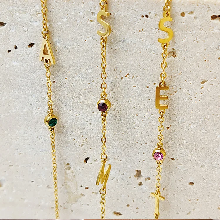 Minimalist Custom Name Letters Elegant Women Personalized 14K Gold Plated Birthstone Necklace
