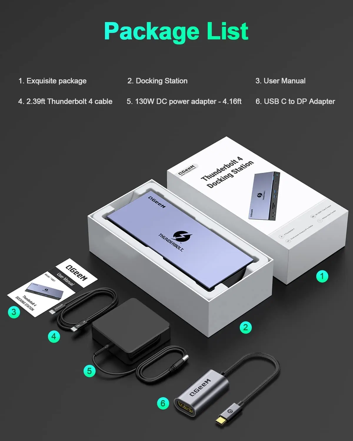 Thunderbolt 4 Docking Station QGeeM 16 in 1 Dual Monitor 4K / Single 8K H DMI 130W Compatible for Ma cBook Pro D ell L enovo H P