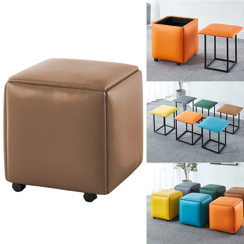 Stackable Cube 5 Hidden Seats Ottoman with Padded PU Leather Top and Nested Metal Bases Combination Organized Sofa Chair Ottoman