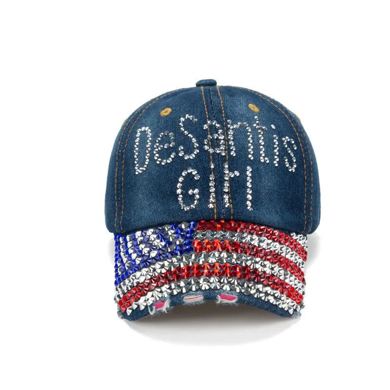 Bling Bling Rhinestone Denim Cap Custom Logo Baseball Caps Diamond Trucker Hat Vintage American Flag Rhinestone Baseball Cap