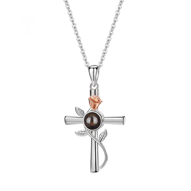 S925 Sterling Silver Rose Cross Pendant Necklace projection customize photos inside rose Necklace for Women Mom Wife  girls