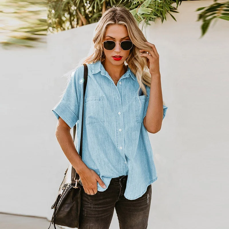 WC001 ODM OEM wholesale summer casual loose fashion denim tops Long Sleeve lapel simple pocket blouse women denim shirt