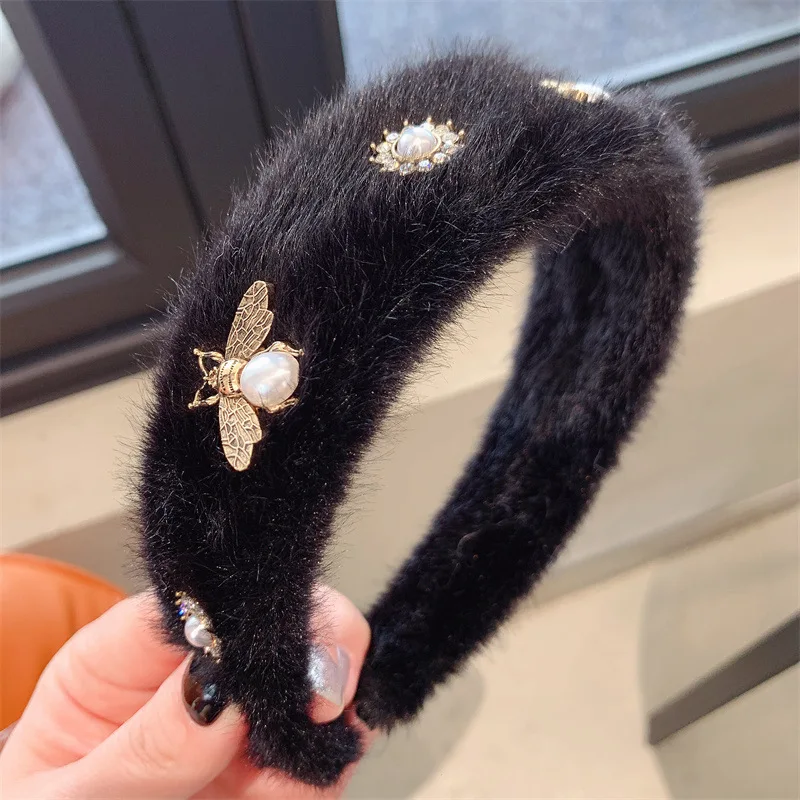 Designer Headband Fur Bee Headbands Women Hair Accessories Knot Headband Pearls Diamond Plush Wide Edge Hair Bands For Women