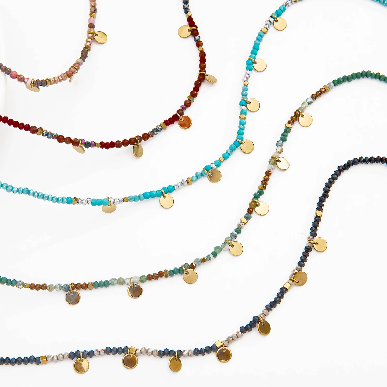 Bohemian style natural stone beaded necklace stainless steel coin tassel fashion necklace for girls