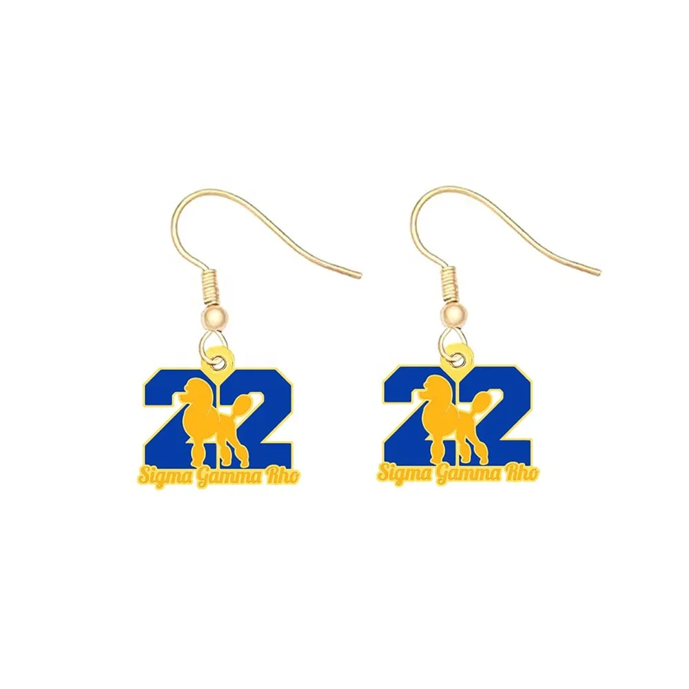 Custom greek letter blue yellow enamel number 22 sigma gamma rho sorority poodle charms jewelry earrings