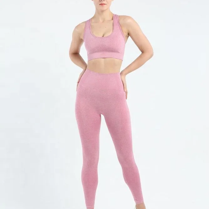 
Seamless female sports gym jogging suit tank top and tight yoga pant leggings set 