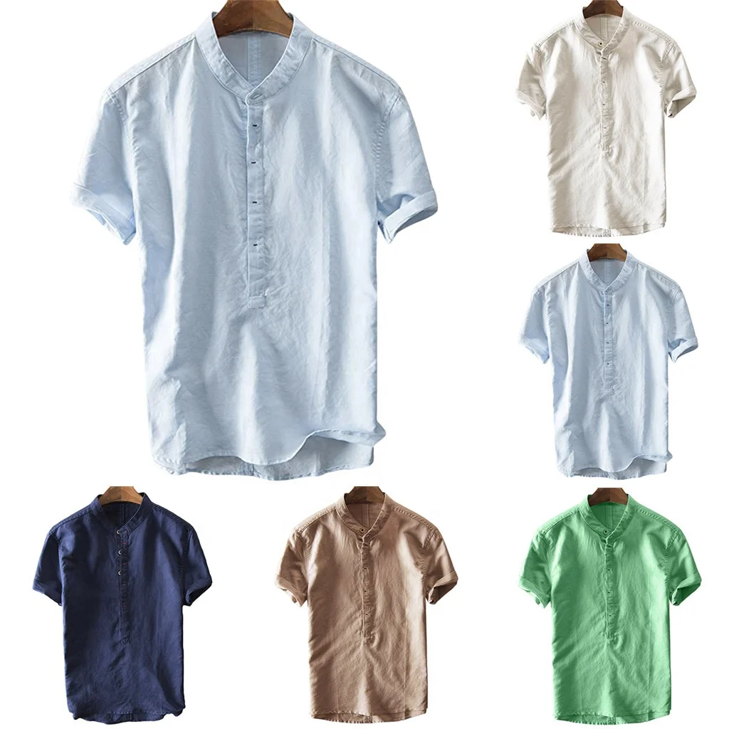 Custom High Quality Solid Color Summer Casual Mens Sleeve Cotton Linen Shirt