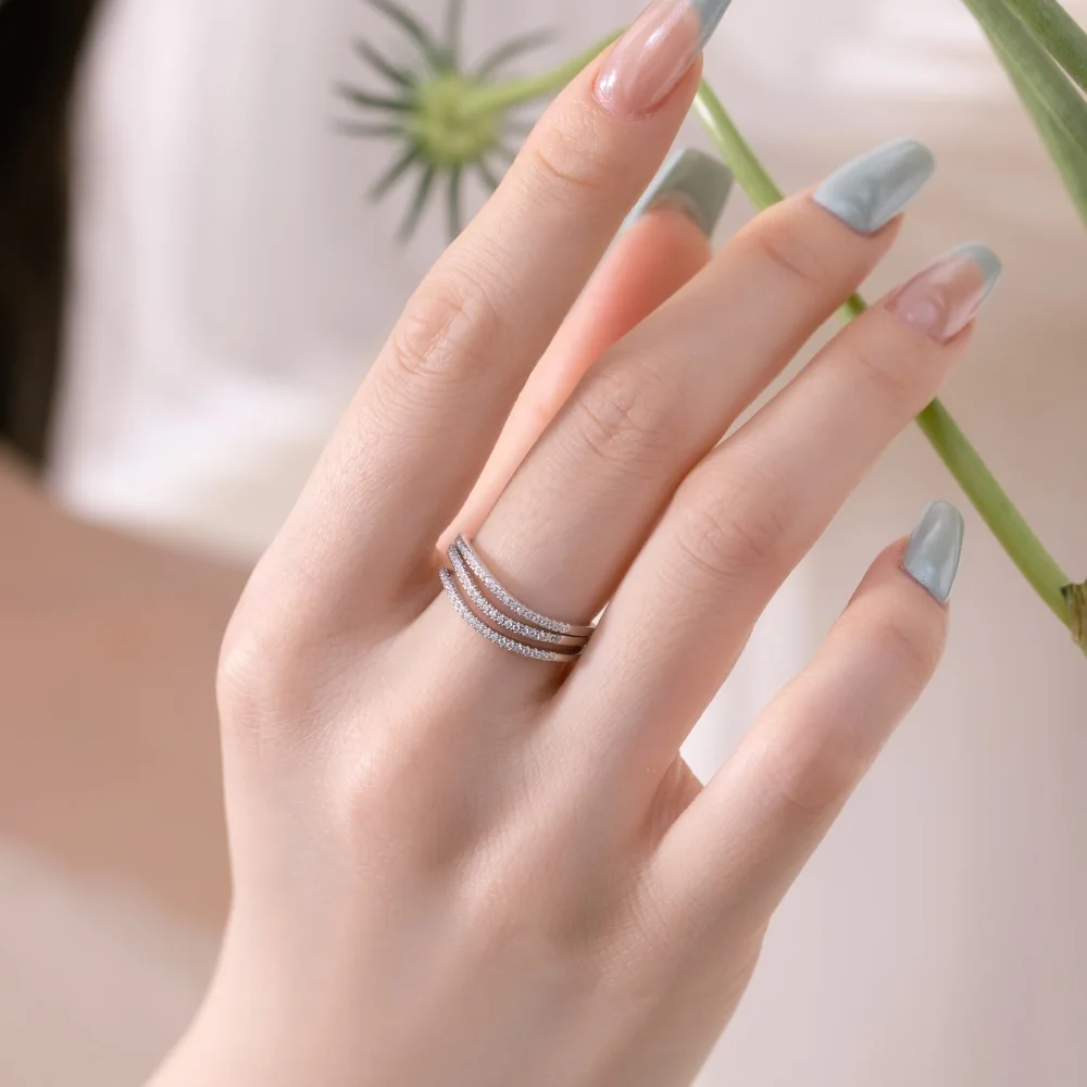 Dylam Dazzling Fine Fashion Jewellery Women S925 Silver Rhodium Plated 3-Layer Twisted Wave Simplicity 5A Zirconia Jewelry Rings