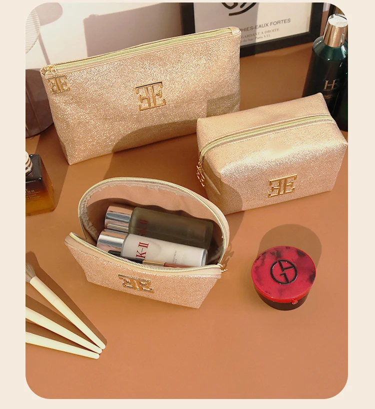 Personalized Logo Gold Shiny Vegan Leather Cosmetic Bag Portable Travel Makeup Zipper Pouch Designer  Makeup Brush Bag for Women