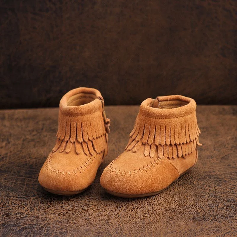 Side Zipper Anti Slippery TPR Hard Sole Kid Shoes Girl Boots Fashion Ankle Real Leather Casual boots  baby tassel leather boots