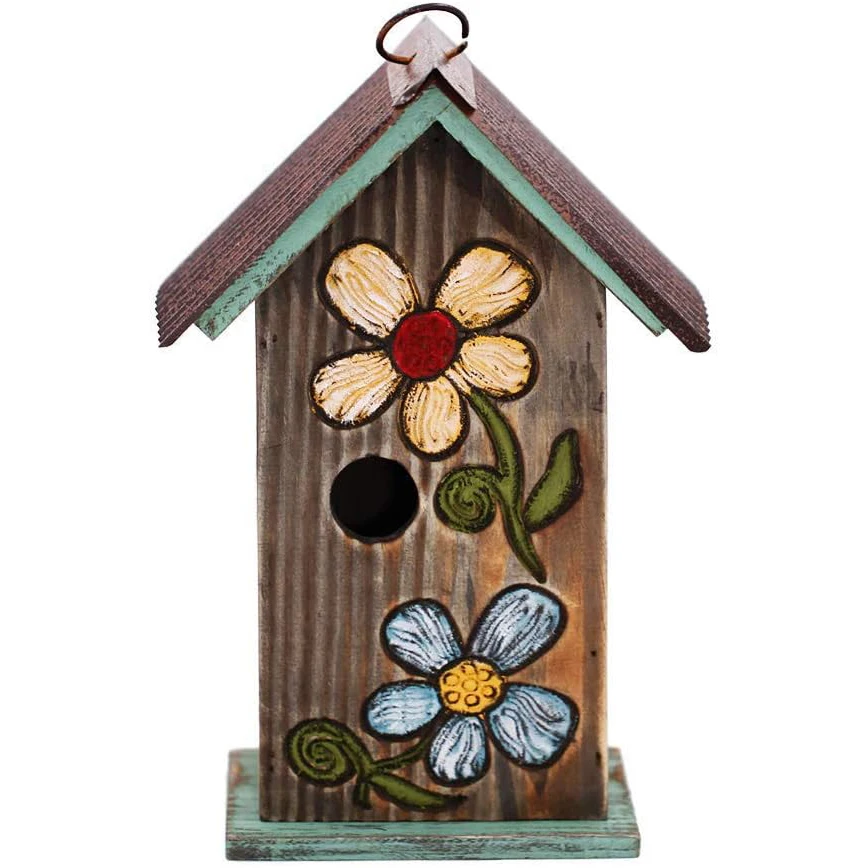 Carved wooden flower-shaped bird house with ring-hung bird house for garden patio porch decoration