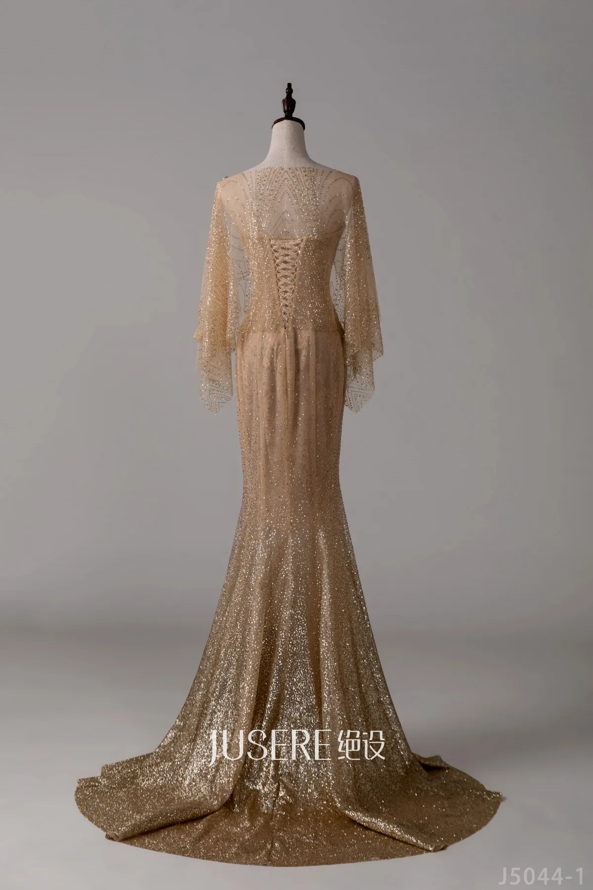 Stunning Mermaid Evening Dresses Handmade Beads Appliques Sparkle Sleeves Lace Up Prom Gowns